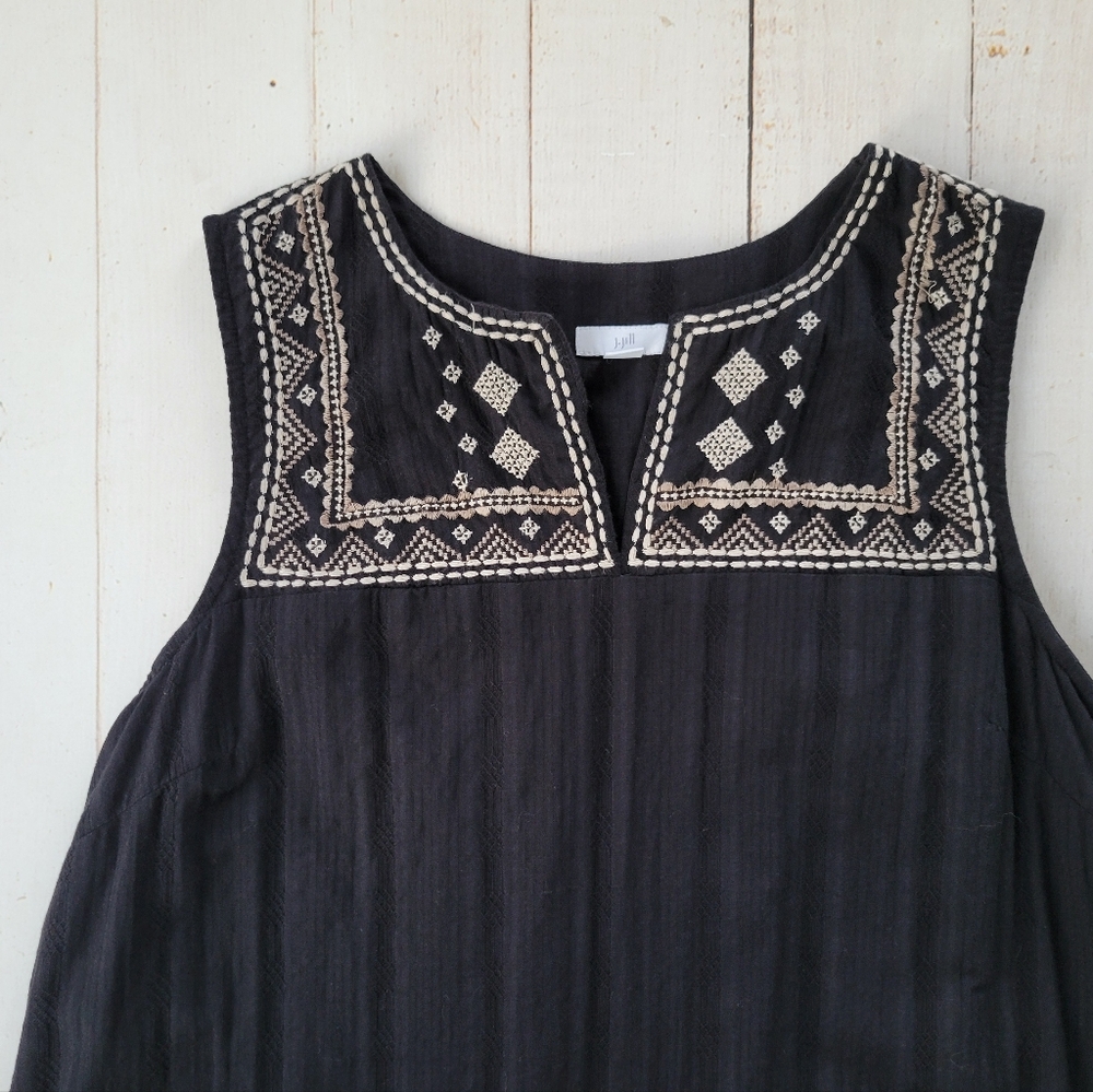 J Jill Embroidered Womens Shift Dress Boho Black Pockets Knee Length SZ S Cotton - Picture 4 of 8
